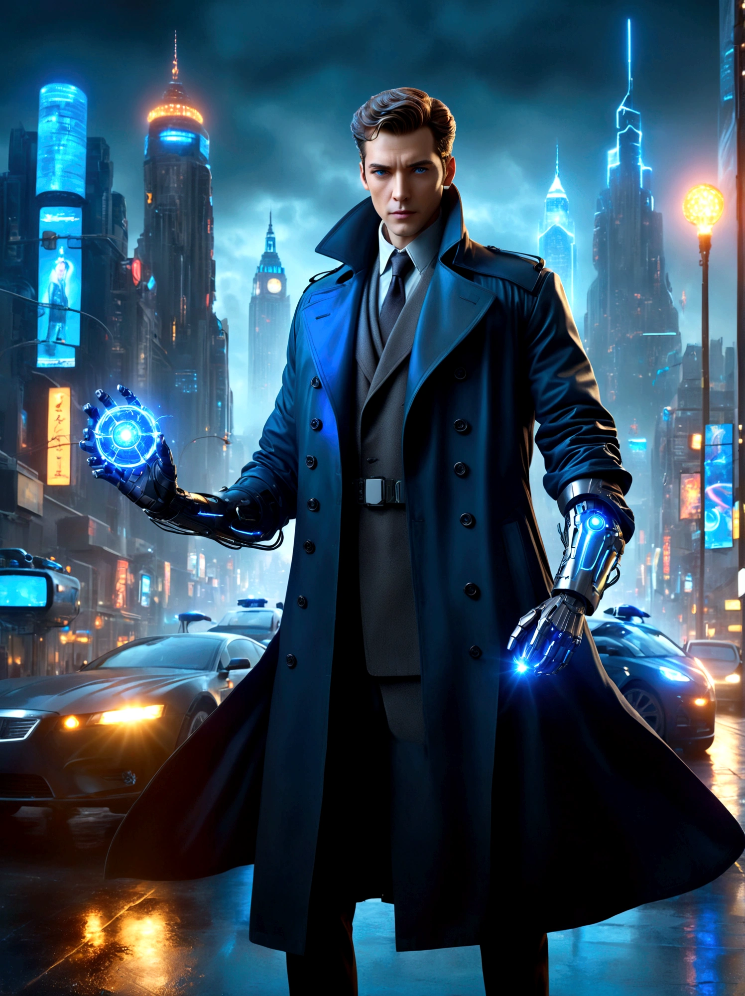 (best quality, 8k,highres,masterpiece:1.2), ultra-detailed, (realistic, photorealistic), Detective Gadget in a sleek black trench coat, standing confidently, showcasing advanced futuristic gadgets, electric blue accents on his gadgets, mechanical arms extending from his coat, sharp and determined eyes, futuristic cityscape in background, bokeh, studio lighting, sharp focus