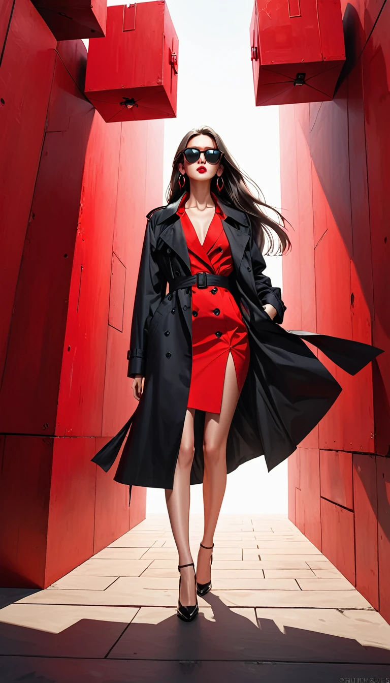 (masterpiece，high quality，8K).beautiful girl，Solitary，Skin details，Bright Eyes，Straight long hair，sunglasses，Exaggerated earrings，Unique，Staring at the audience），（Black deep V trench coat：1.37，Red bottoming dress，Long legs，dynamic）。Red cube，Look up from the bottom up，Light and Shadow，Clean and simple red background
