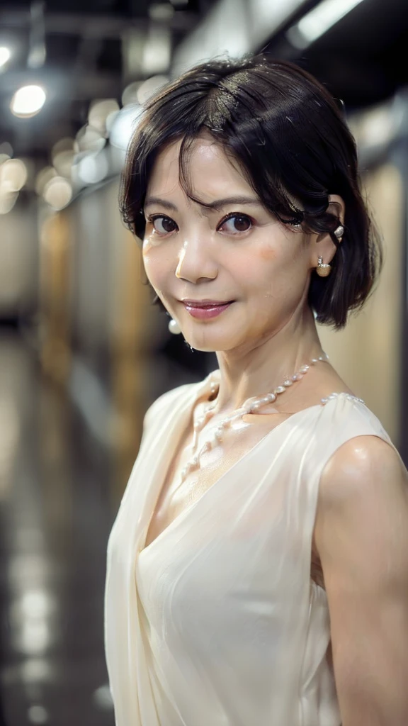 (((An American-shot photo, look at viewer with serious gaze, a 38yo Japanese goddess actress. very Seductive pose, 32k, 7 heads、looking at viewer, Staring Intently :1.8)))),(((A pure white, extremely thin fabric business short-sleeved open-neck shirt with a wide V-neck, Soaking wet、She is looking straight at the camera with a very shy look on her face.。light makeup、A short, well-groomed, shiny black haircut。A very simple and very modest pearl necklace and a small single pearl earring.:1.4)))。((Highest quality)), ((masterpiece)), (((detailed))), (midnight ,A modern train station platform in Tokyo on a dark, pouring, stormy night, Low Key Lighting:1.6)、(((A very beautiful, extremely elegant and intelligent 39-year-old Japanese woman。Very intelligent, with a goddess-like face and figure。An extremely elegant, calm and modest smile, Being drunk、My eyes are quite watery、I'm very horny、embarrassed ,blush, Curvy Body、Extremely realistic, detailed and beautiful depiction of the face and waist:1.9)))、(((The skin is white and very smooth。A very hot rainy summer night、I'm pretty sweaty、My clothes were soaked and pretty see-through.、When wet, it sticks tightly to the skin, revealing the beautiful lines of the body.、Through the extremely thin fabric, her skin and her navy blue, lacy, high-end underwear are clearly visible.:1.9)))。(((A simple and elegant business pencil skirt in a plain navy blue knee-length,The clothes fit the body very well:1.8))), ((Healthy Body、The line of the chest, collarbone and décolletage are extremely beautiful.:1.9))。(((large&good hips、large&nice chests )))