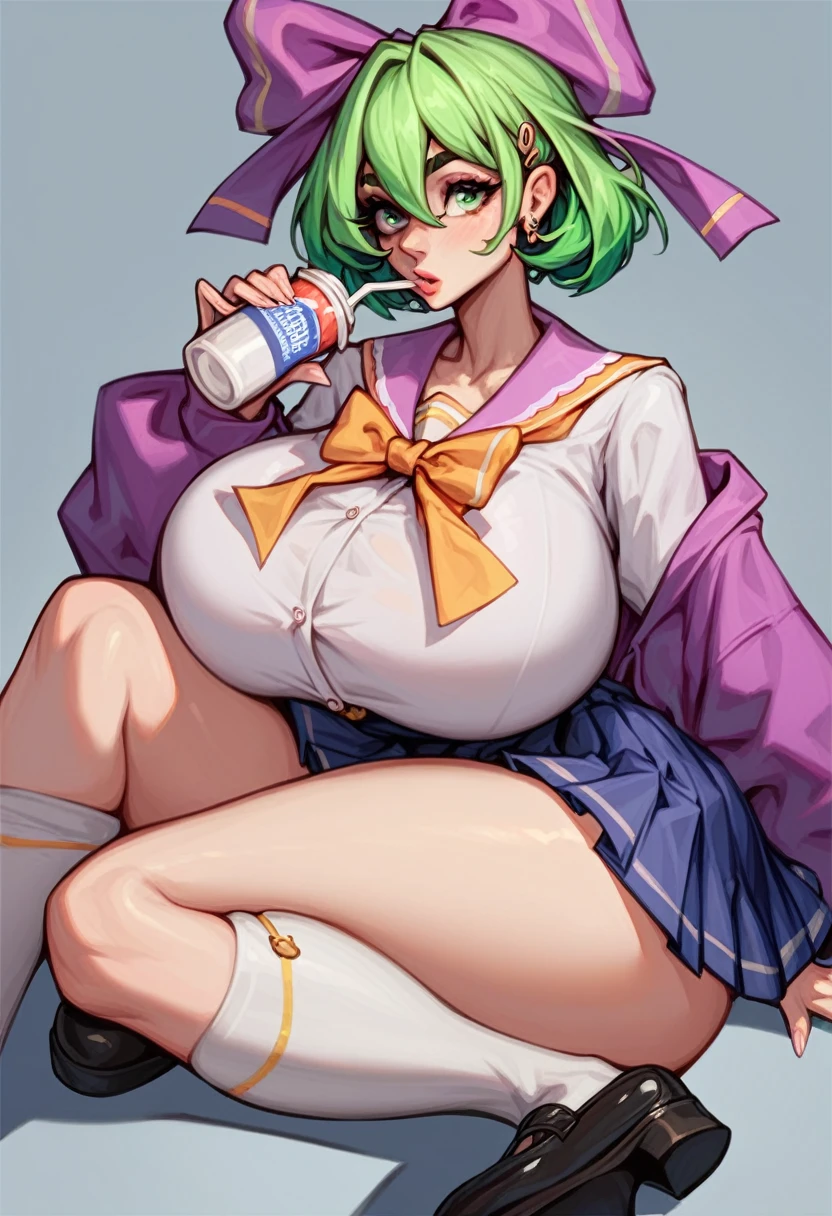 Fraction_9,Fraction_8_direction_7_direction_6_direction_5_direction_4_up,Green short hair,Green Eyes,Tie a bow at the back of your head,Purple and sailor collar,Striped sailor suit,Blue pleated skirt,White socks,leather shoes,Bean eyebrows,Wide hips,Thick thighs,Huge breasts,Huge ass,There is a bow at the back of the hair,Hair between the eyes,Sexy,Cute girl,Green Hair,permanent,Positive face,Drinking milk