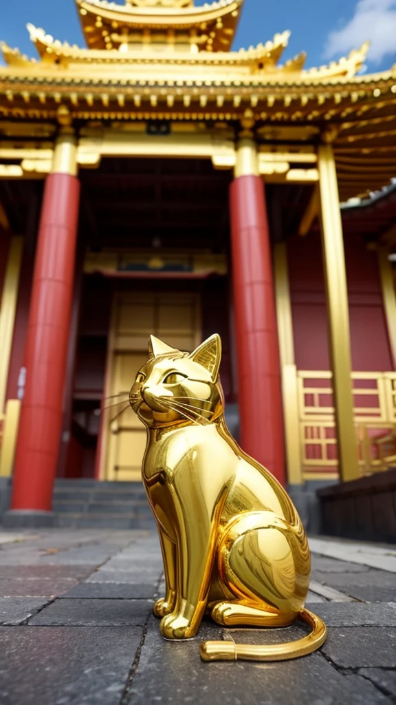 Mysterious golden maneki-neko cat in front of a fantastic temple