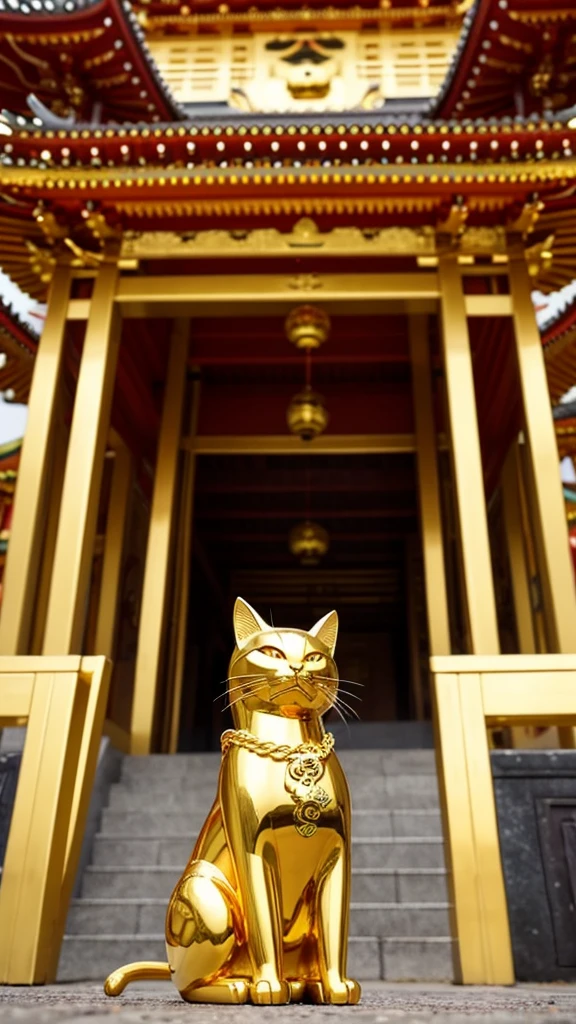 Mysterious golden maneki-neko cat in front of a fantastic temple