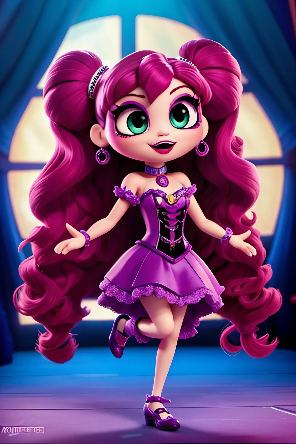 3d illustration, pixar style, cute chibi, baby girl ariana grande, black hair, long hair, red bow in hair, dress red with black with white dots, bright eyes, big eyelash, pink cheeks, happy, smiling, glitter, white socks, red high heels shoes, exuberant, fantastic, cute pose, wonderful, white background, clean solid background, hq, 8k, masterpiece
