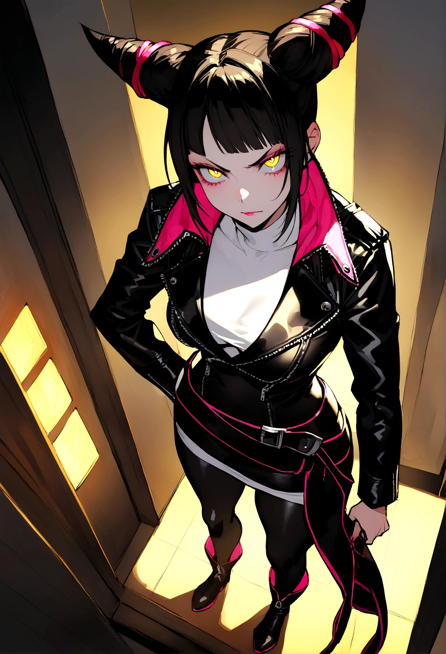juri han,beautiful young warrior , with a very detailed and beautiful face, beautifuleyes, beautifuleyes, gorgeous face, beautiful young woman wearing long black leggings with black details, short mini skirt, usando leather jacket preta, Standing in an office, wearing black boots, horn hair, with black fringe, , evil smile ,white sweater with strap around, serious look,usando leather jacket preto, leather jacket,staring overhead,yellow lighting

