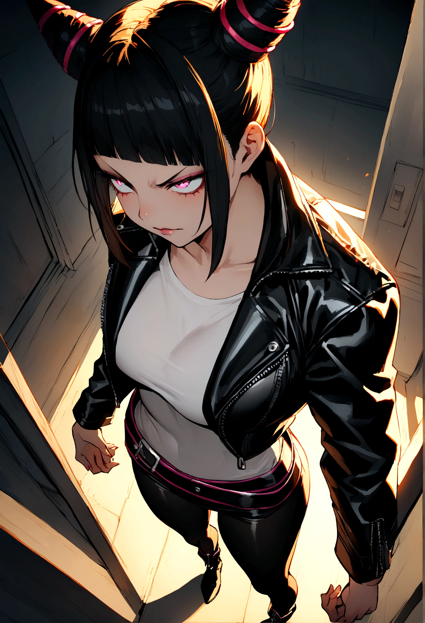 juri han,beautiful young warrior , with a very detailed and beautiful face, beautifuleyes, beautifuleyes, gorgeous face, beautiful young woman wearing long black leggings with black details, short mini skirt, usando leather jacket preta, Standing in an office, wearing black boots, horn hair, with black fringe, , evil smile ,white sweater with strap around, serious look,usando leather jacket preto, leather jacket,staring overhead,yellow lighting