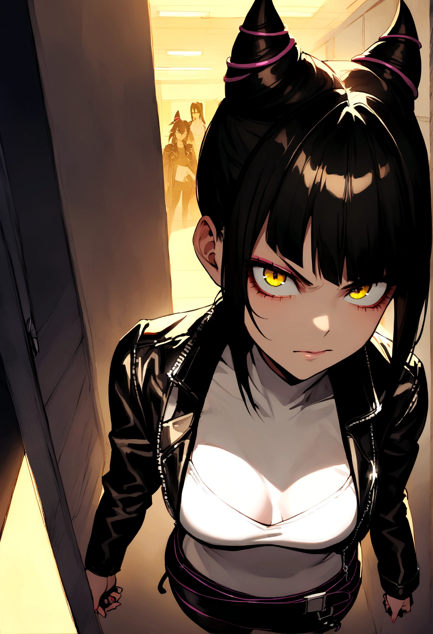 juri han,beautiful young warrior , with a very detailed and beautiful face, beautifuleyes, beautifuleyes, gorgeous face, beautiful young woman wearing long black leggings with black details, short mini skirt, usando leather jacket preta, Standing in an office, wearing black boots, horn hair, with black fringe, , evil smile ,white sweater with strap around, serious look,usando leather jacket preto, leather jacket,staring overhead,yellow lighting