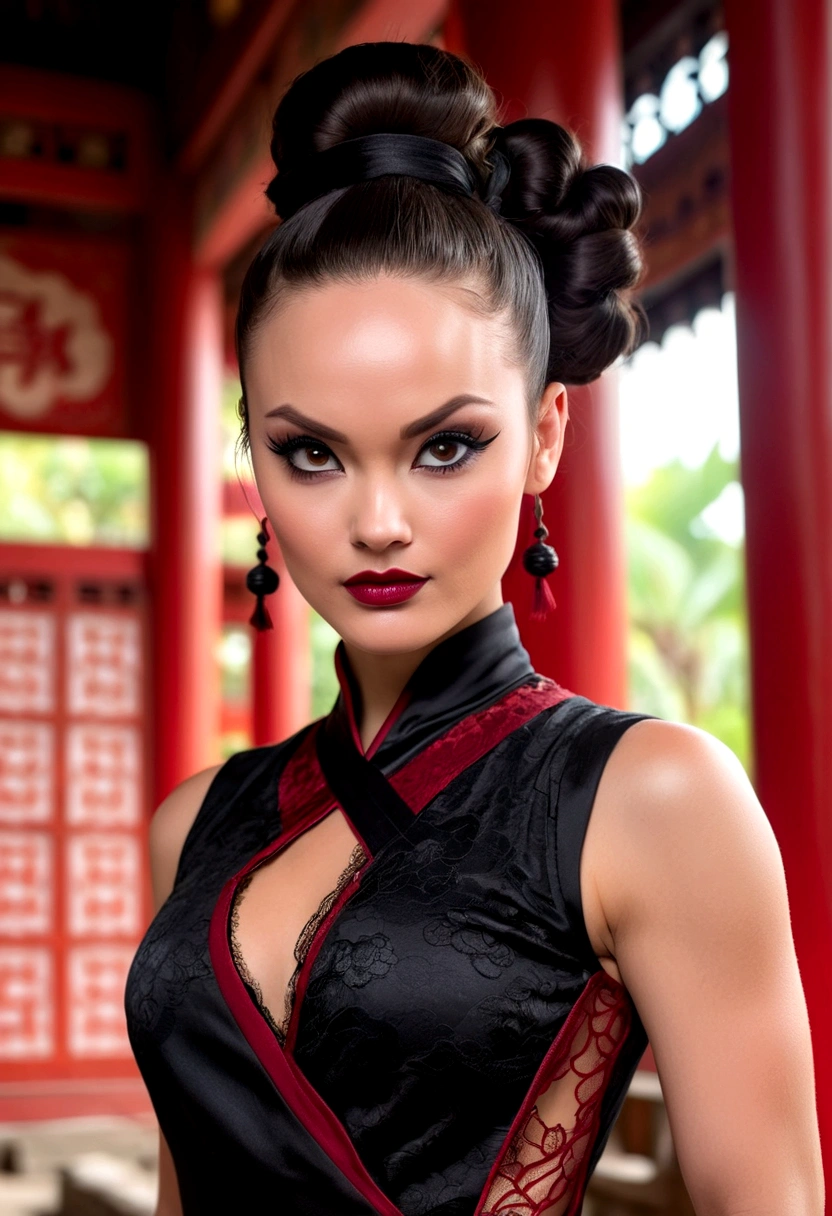 Tori Black asian ninja warrior, ringlets wavy five feet long black hair, updo hairstyle with ponytail on one side and long hairpins holding the bun, dark red glossy lips, heavy black eye shadow long black eyeliner, long sharp nails, black lace beautiful and creative sleeveless ninja warrior bodysuit, forehead lace ornament, posing in a Shaolin temple interior, happy expression, dark ambience night time candle lights. No faces on her chest!