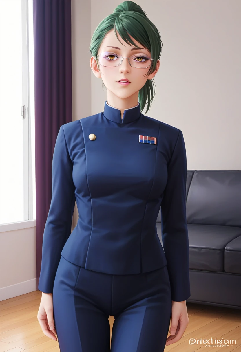 score_9_up, score_8_up, score_7_up, 1girl, solo, mature female, Maki, green ponytail  hair, yellow eyes, glasses, pink lips, parted lips, fit slim body, perfect medium erected breast, (((imperial officer outfit))), dark grey living room, looking at the viewer, perfect model body, standing in seductive pose