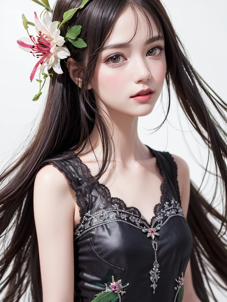(close:1.2), Realistic clip art illustration,(((isolated on a White Background))),very beautiful elegant pastel pink and white feather fairy in spring ,Black Hair, Hyper Detail Style, pink, green and soft pink mixed color settings, Red spider lily, Dahlia, Gypsophila and Forget-me-nots. A fusion of realism and the style of Elias Chatzdis, Vintage Style, Bioluminescence, shine, fairy fixed on White Background, No background、PNG digital art without shadow, James Gurney Art, White Background