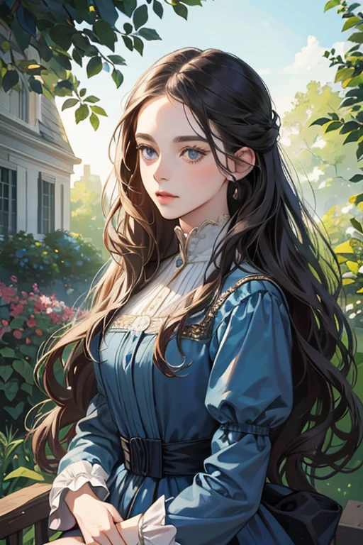a digital painting of a woman with long dark wavy hair, blue eyes, a young noble woman from the 1800's , soft features, navy blue dress, in a garden, portrait style