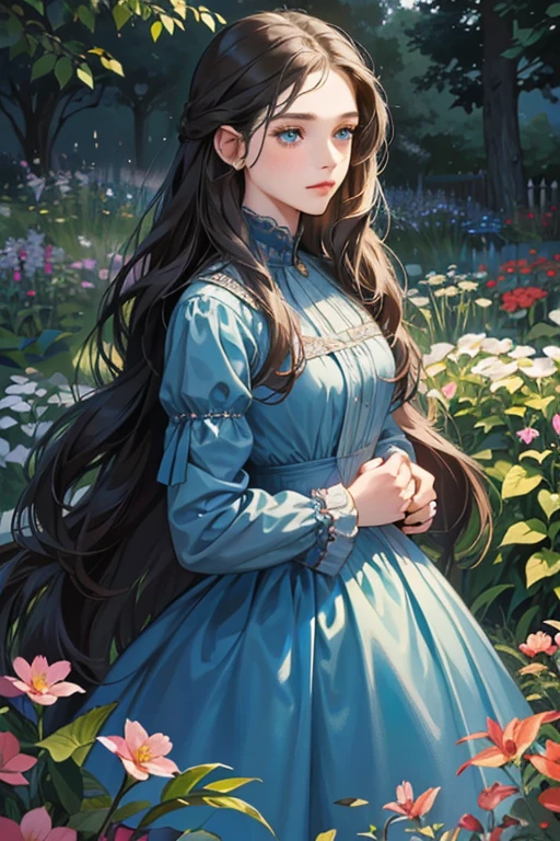 a digital painting of a woman with long dark wavy hair, blue eyes, a young noble woman from the 1800's , soft features, navy blue dress, in a garden, portrait style