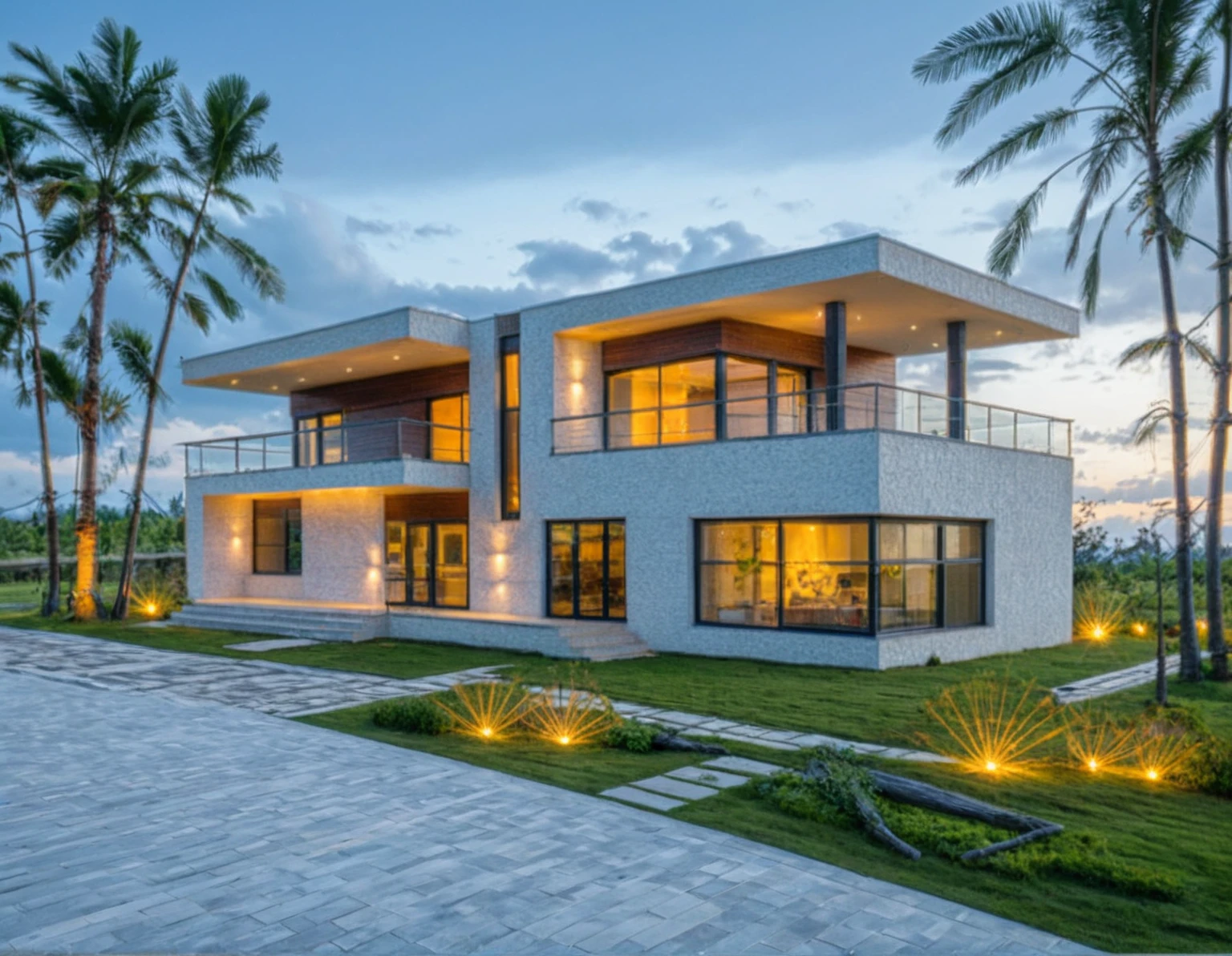 Masterpiece, high quality, best quality, authentic, super detail, outdoors, onestoreyvillaXL, aiaigroup, house style modern on the street ,stairs, white wall ,road,pavement, grass, trees, sky, cloud, (daylight:1.1)