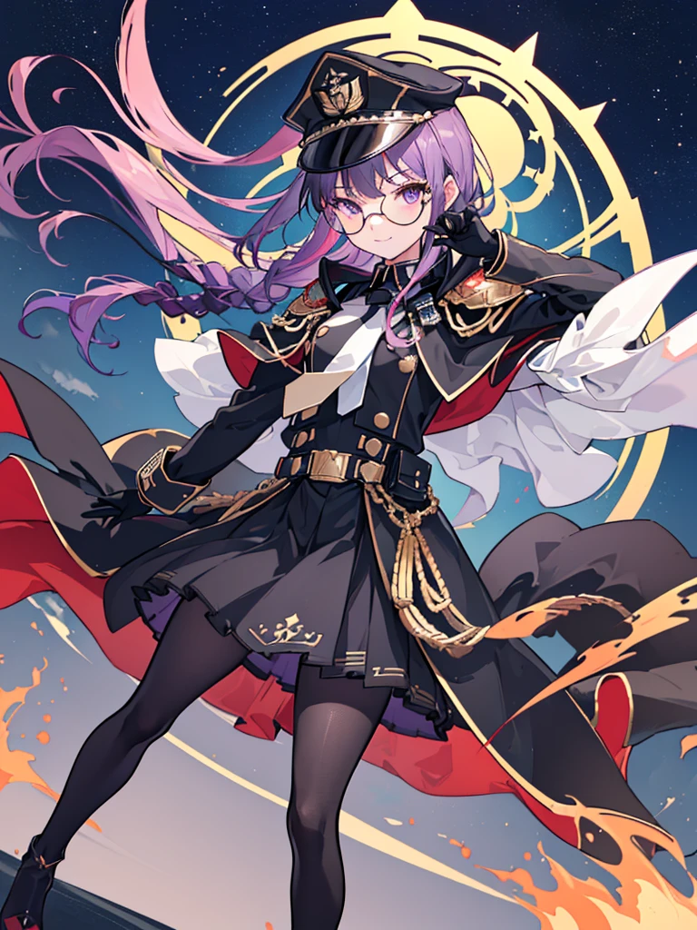 realisitic, City Deserted, Pile of rubble, Brick building, a one woman (18 years old, far away blackw hair, far away slits, Eyes red, glare eyes, 精致的面容, standing (In floor, feet shoulder-width apart), Lolita style military uniform (blackw base, Red Insert, golden decoration, volantes, wide sleeves, dainty and delicate detailing armors), blackw far away gloves (blackw, Red Insert, golden decoration, small hands, armors), blackw far away gloves, knee high boots (blackw, high-heels, red soles), ha (blackw, aba dourada, shield emblem, delicate details), arms in front, Front of belly, Holding military swords with both hands (blackw, golden decoration, delicate detail, Handle at the top, Ground-facing blade, in front of the body, far away), night sky (blackw, stele, Increased flames and smoke), Pale painting style, One Girl, super high quality, Super Detail, Super Detailed image, long hair, looking at viewer, skirt, shirt, hair ornament, violet eyes, gloves, round glasses, long sleeves, hat, closed mouth, jacket, violet hair, braid, open clothes, necktie, black gloves, black skirt, uniform, single braid, open jacket, black jacket, black headwear, 手链, peaked cap, black necktie, cropped jacket, military hat, pantyhose, Flat Chest, smile, Black Cape