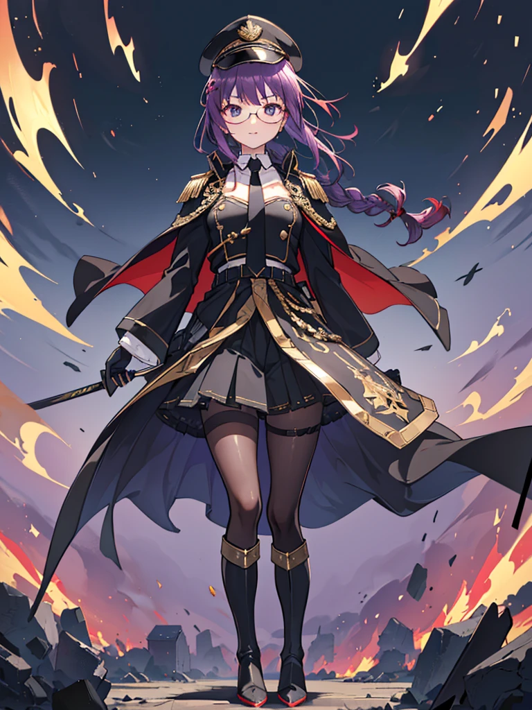 realisitic, City Deserted, Pile of rubble, Brick building, a one woman (18 years old, far away blackw hair, far away slits, Eyes red, glare eyes, 精致的面容, standing (In floor, feet shoulder-width apart), Lolita style military uniform (blackw base, Red Insert, golden decoration, volantes, wide sleeves, dainty and delicate detailing armors), blackw far away gloves (blackw, Red Insert, golden decoration, small hands, armors), blackw far away gloves, knee high boots (blackw, high-heels, red soles), ha (blackw, aba dourada, shield emblem, delicate details), arms in front, Front of belly, Holding military swords with both hands (blackw, golden decoration, delicate detail, Handle at the top, Ground-facing blade, in front of the body, far away), night sky (blackw, stele, Increased flames and smoke), Pale painting style, One Girl, super high quality, Super Detail, Super Detailed image, long hair, looking at viewer, skirt, shirt, hair ornament, violet eyes, gloves, round glasses, long sleeves, hat, closed mouth, jacket, violet hair, braid, open clothes, necktie, black gloves, black skirt, uniform, single braid, open jacket, black jacket, black headwear, 手链, peaked cap, black necktie, cropped jacket, military hat, pantyhose, Flat Chest, smile, Black Cape