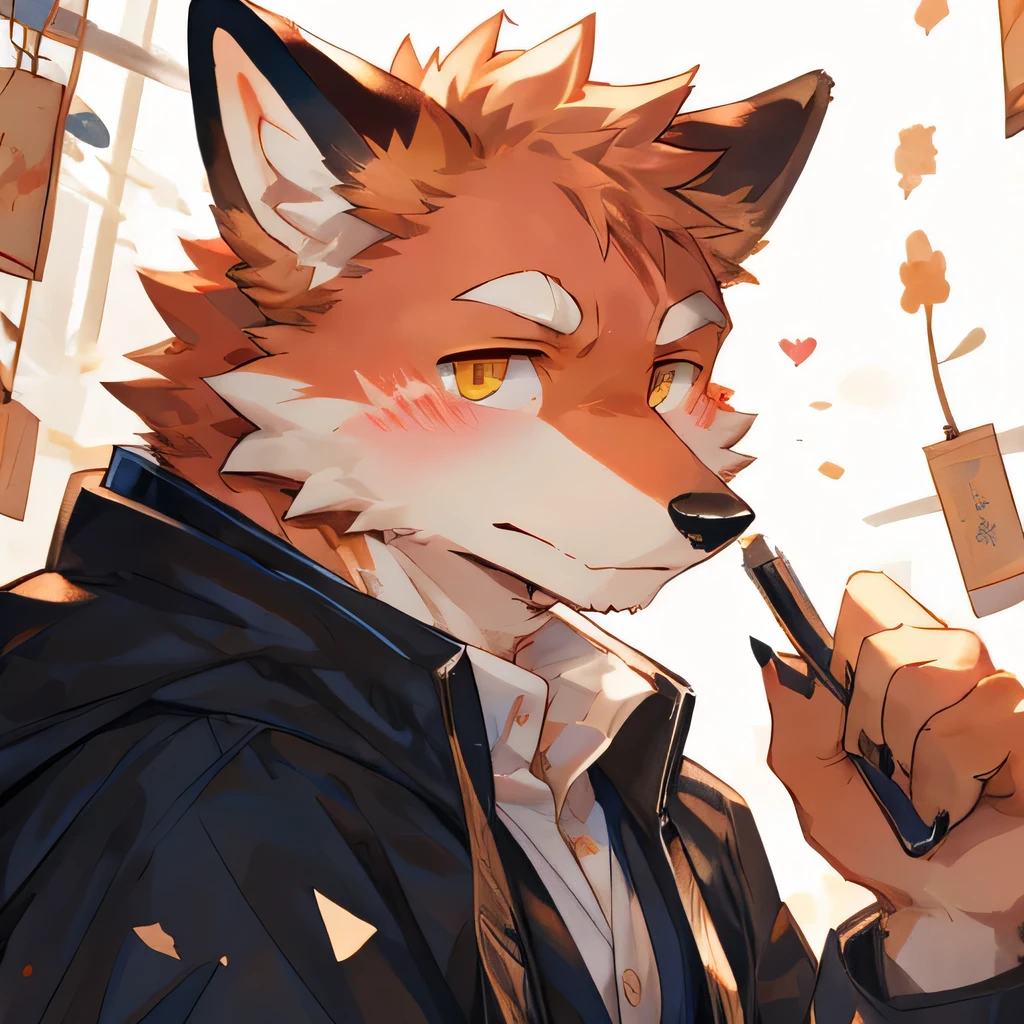 masterpiece，high quality，perfect anatomy，furry，anthro fox，white and red fur，male， niji5，brown pupils，bright eyes，blush，naked，detailed face，by kiyosan，close up face