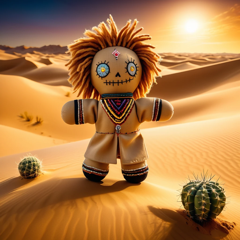 (knitted toy voodoo doll:1.8), (Voodoo Lion:1.2), (Sand Lord:1.3), (Clothing: desert cloak with sand dune patterns:1.0), (Accessories: enchanted sand orb emitting a warm glow, levitating sand particles:1.1), (background: vast desert with floating sand dunes, glowing cacti, and a radiant sun:1.2), best quality, masterpiece, detailed soft oil painting, detailed background, dramatic cinematic lighting, soft edge lighting, professional, dramatic lighting, hard edge lighting, ultra quality, 4k,masterpiece, best quality, 8k, ultra highres, highres, extremely detailed