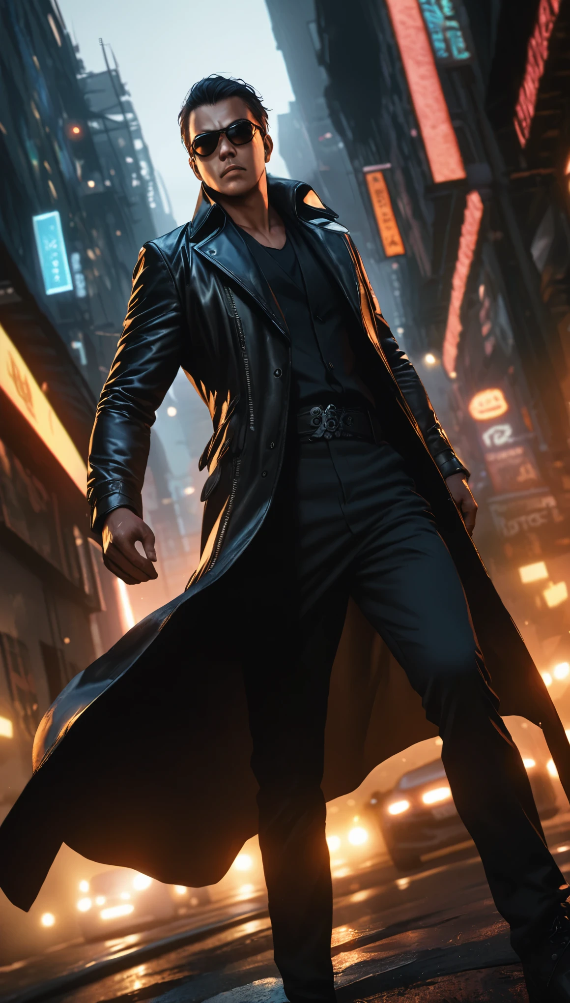 Man wearing a black trench coat:1.2、sunglasses、細部までRealなポートレート、Cinematic lighting、Dramatic angle、high quality、Hyperrealistic、Exquisite detail、Photorealistic、8K、Real、Sharp focus、Bright colors、Dramatic lighting、Chiaroscuro、Impressive pose、Serious expression、Moody atmosphere、Urban Scene、City Background、Gritty、Neo-Noir