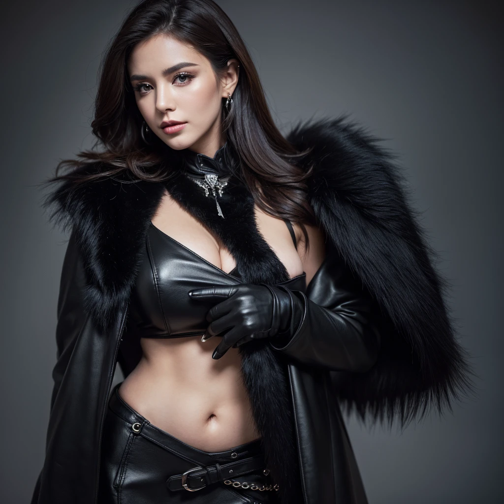 beautiful girl, wearing a black leather dress and a fine fur shawl, she looks elegant and antagonistic with sharp eyes, it seems she is a fashionable person, (best quality,4k,8k,highres,masterpiece:1.2),ultra- detailed,(realistic,photorealistic,photo-realistic:1.37)