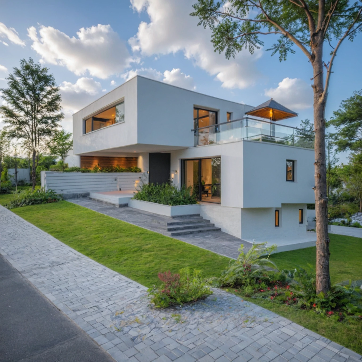 Masterpiece, high quality, best quality, authentic, super detail, outdoors, onestoreyvillaXL, aiaigroup, house style modern on the street ,stairs, white wall ,road,pavement, grass, trees, sky, cloud, (daylight:1.1)