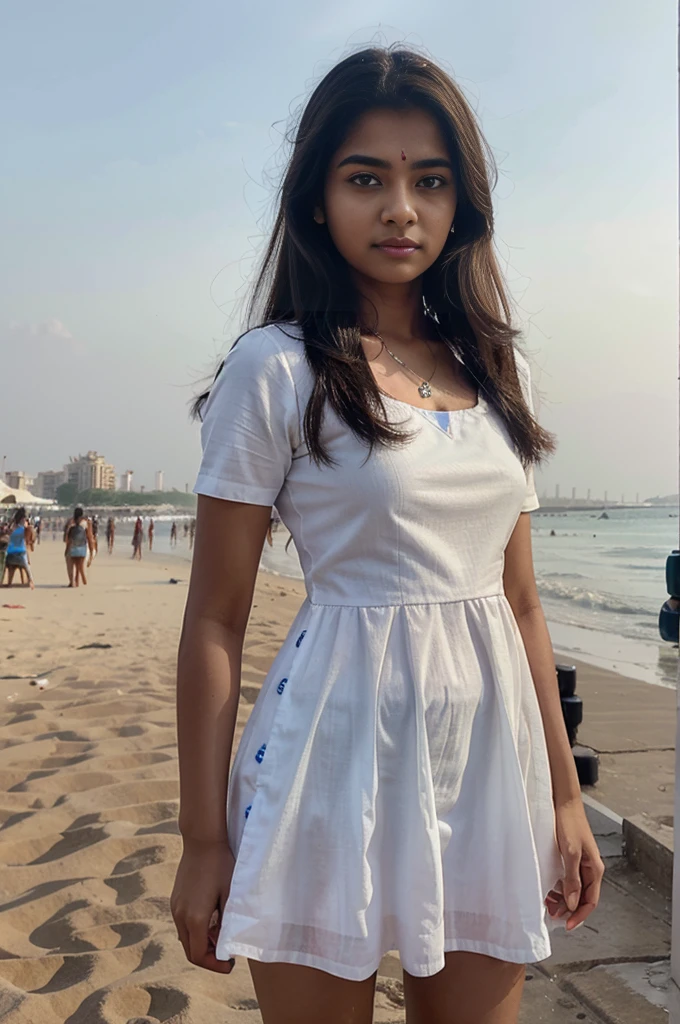 A full image of Pretty indian  girl with blue eyes in white dress in chennai Marina beach 