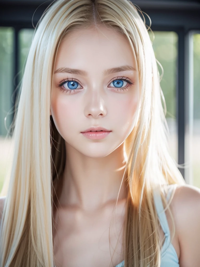 1 Girl, Beautiful glowing white skin、Blonde hair changes color depending on how the light hits it...、Long golden bangs obstruct the view、Cheek gloss highlighter、Gloss Face、Sexy and very beautiful, Nice, cute, Gorgeous face、The most beautiful face in the world、The most beautiful super long blonde hair in the world、Shiny and smooth long straight hair、Glowing pale light blue eyes, Big eyes、lighting equipment、Beautiful pony、Beautiful 15 year old Swedish girl、Young characteristics、Small Face Beauty、Round face