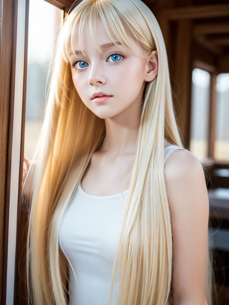 1 Girl, Beautiful glowing white skin、Blonde hair changes color depending on how the light hits it...、Long golden bangs obstruct the view、Cheek gloss highlighter、Gloss Face、Sexy and very beautiful, Nice, cute, Gorgeous face、The most beautiful face in the world、The most beautiful super long blonde hair in the world、Shiny and smooth long straight hair、Glowing pale light blue eyes, Big eyes、lighting equipment、Beautiful pony、Beautiful Swedish girl、Young characteristics、Small Face Beauty、Round face