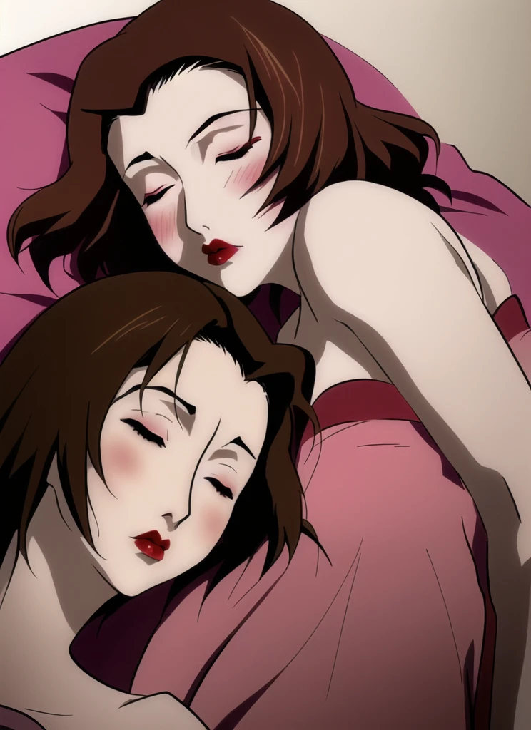champloo masterpiece, best quality,1girl, brown hair, solo, blush, closed eyes, lips, close-up, makeup, lipstick, parody, sleeping