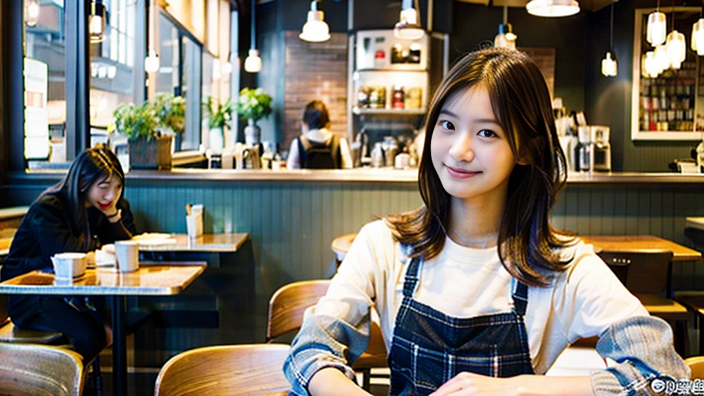 In a café in New York、A model-like beautiful woman is depicted as a Japanese female college student..。She has medium-length brown hair..、I spread my textbooks and notebooks out on the table and study seriously..。The cafe is also crowded with other customers..、There is a vibrant and lively atmosphere.。background、You can see several staff members working at the counter..、A more realistic urban cafe atmosphere。This scene、Capturing the moment of a female college student who combines hard work and beauty.。