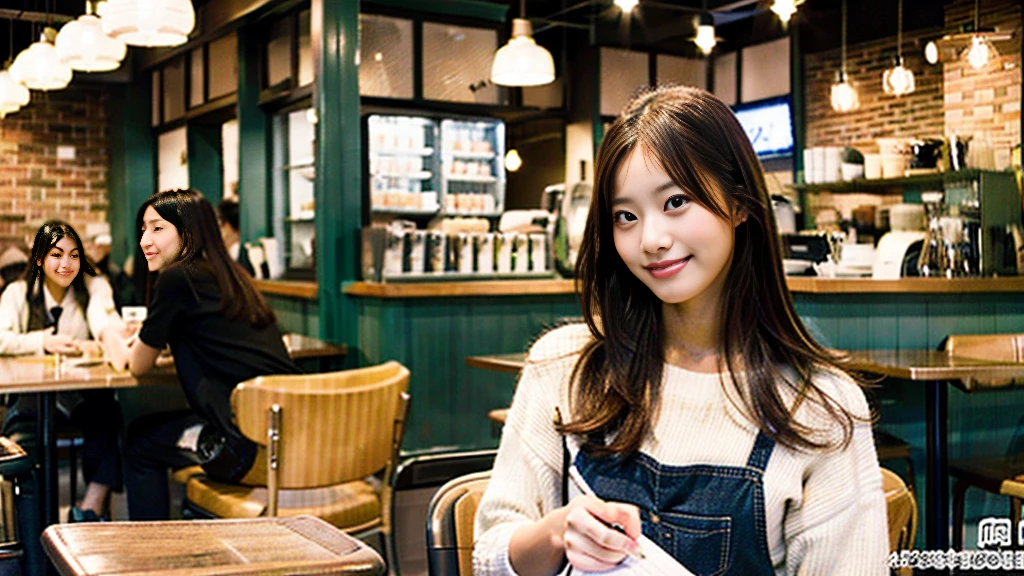 In a café in New York、A model-like beautiful woman is depicted as a Japanese female college student..。She has medium-length brown hair..、I spread my textbooks and notebooks out on the table and study seriously..。The cafe is also crowded with other customers..、There is a vibrant and lively atmosphere.。background、You can see several staff members working at the counter..、A more realistic urban cafe atmosphere。This scene、Capturing the moment of a female college student who combines hard work and beauty.。