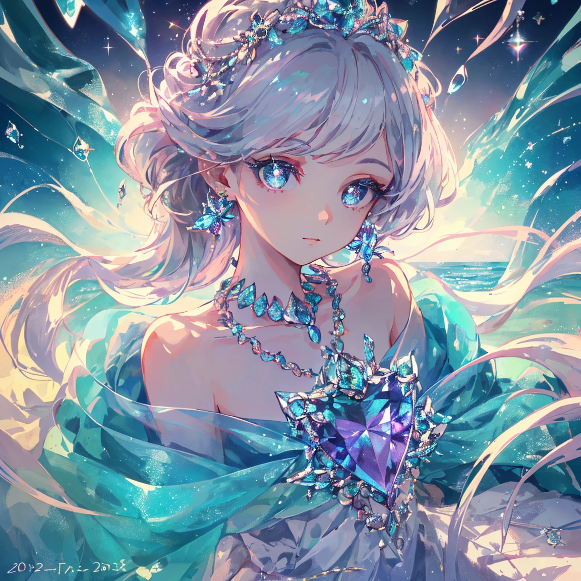 1 girl masterpiece, highest quality, shape, alexandrite eyes and hair, platinum earrings, platinum necklace, Sea, The Little Mermaid, cute, (dynamic lighting:1.2), cinematic lighting, delicate features, fine eyes, sharp pupils, realistic student, written boundary depth, Bokeh, sharp focus, (very detailed, bloom, shine:1.4), lots of little gems