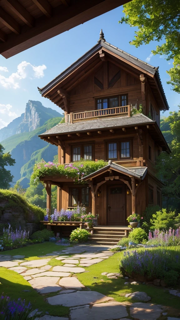 (masterpiece,Highest quality:8K) Close-up of a house with a garden and stone walkways, Cottagecore!!, Cottagecore, Beautiful Home, fantasy house, Cottagecore hippie, 森の小道にあるBeautiful Home, Dreamy details, In the House of the Hobbit, Fantasy Setting, Fantastic setting, Cottage Hippie Naturalist, Magical Environment, House Background