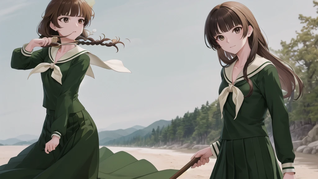 masterpiece, Highest quality, High resolution, aayoshino, Long Hair, Twin Blade, Brown eyes, Hair that falls over the shoulders, , Sailor collar, neckerchief, Green Shirt, One piece sailor shirt, Long sleeve, Green Skirt, Long skirt, Are standing, Cowboy Shot, Outdoor,