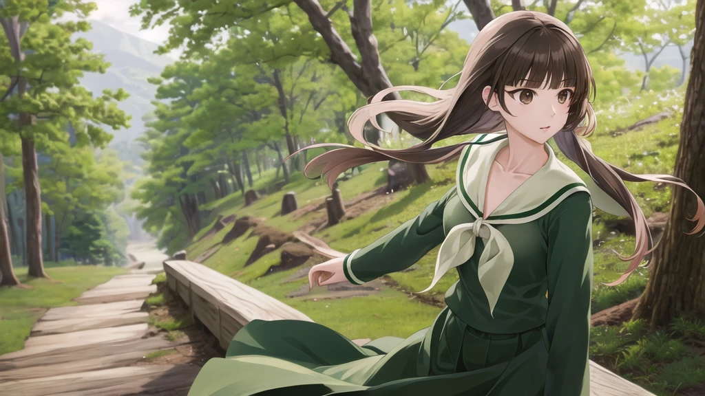 masterpiece, Highest quality, High resolution, aayoshino, Long Hair, Twin Blade, Brown eyes, Hair that falls over the shoulders, , Sailor collar, neckerchief, Green Shirt, One piece sailor shirt, Long sleeve, Green Skirt, Long skirt, Are standing, Cowboy Shot, Outdoor,