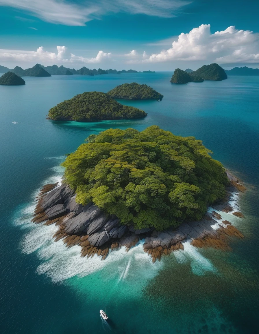 there is a boat that is traveling through the water near some rocks, epic matte painting of an island, flying rocky island, view from above on seascape, soaring over a lake in forest, scattered islands, natural landscape beauty, shot from a drone, 4k drone photography, drone photography, indonesia national geographic, “ aerial view of a mountain, archipelago