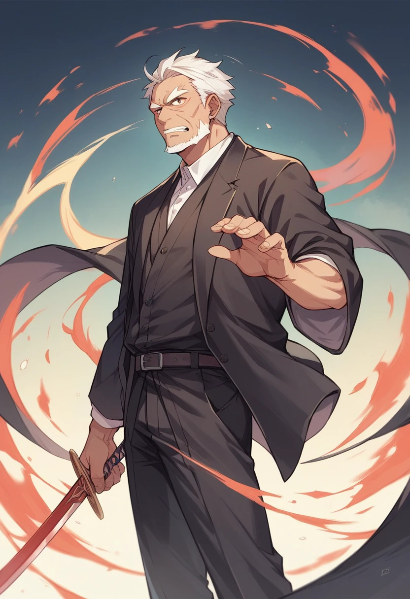 Black Suit、Japanese clothing、Cool Old Man、Holding a sword