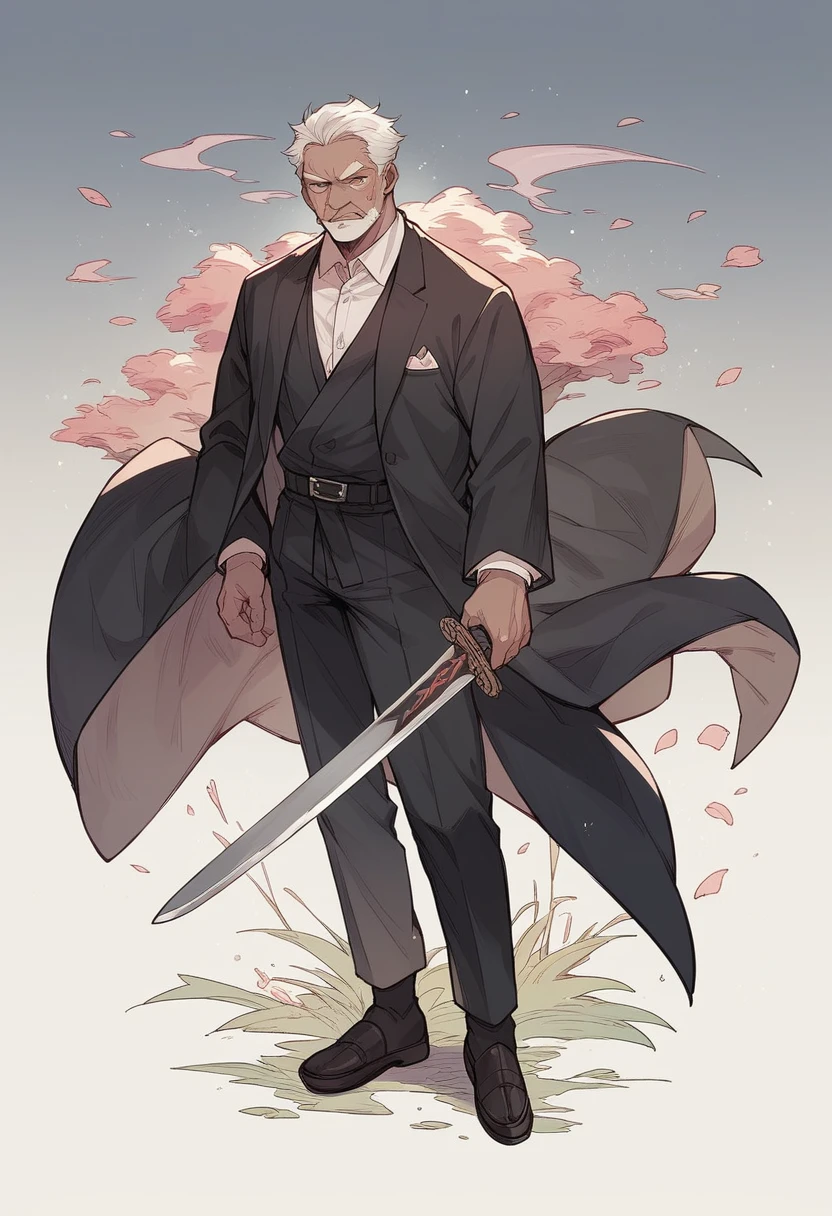 Black Suit、Japanese clothing、Cool Old Man、Holding a sword