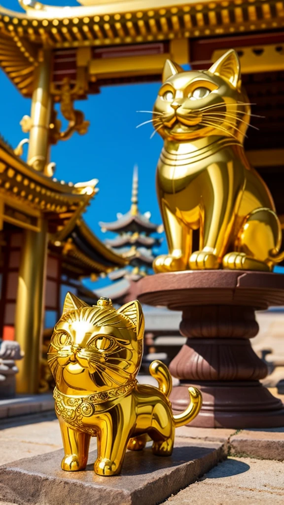 Anime-style golden maneki-neko cat in front of a fantasy temple