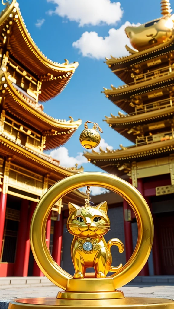 Anime-style golden maneki-neko cat in front of a fantasy temple