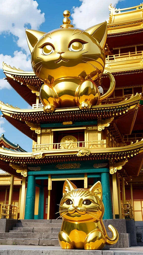 Anime-style golden maneki-neko cat in front of a fantasy temple