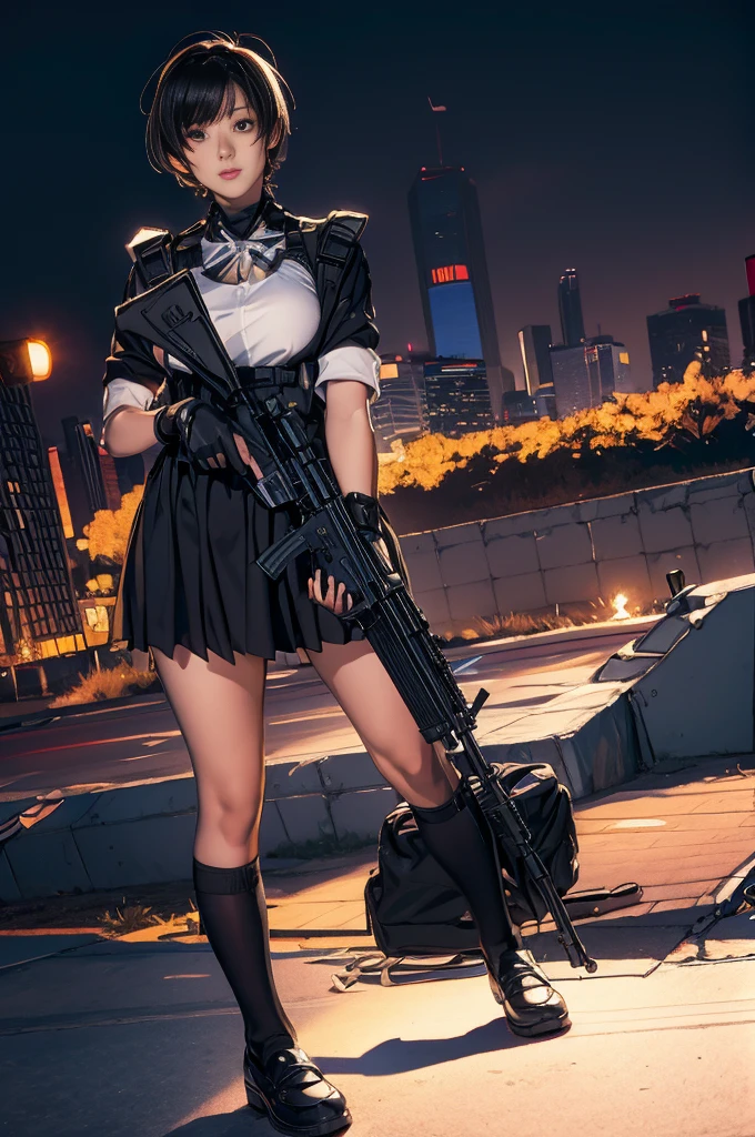 Elaizaikedareal, 1girl, long hair, breasts, looking at viewer, bangs, large breasts, black hair, holding, standing, full body, weapon, outdoors, solo focus, holding weapon, lips, gun, bodysuit, night, holding gun, skin tight, handgun, black bodysuit, cyberpunk, latex bodysuit