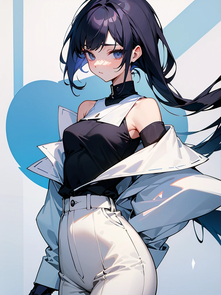 Slender beautiful girl、10th Generation、athlete、sleeveless Black blouse、Office、off shoulder、White LINE Design、pants style、
