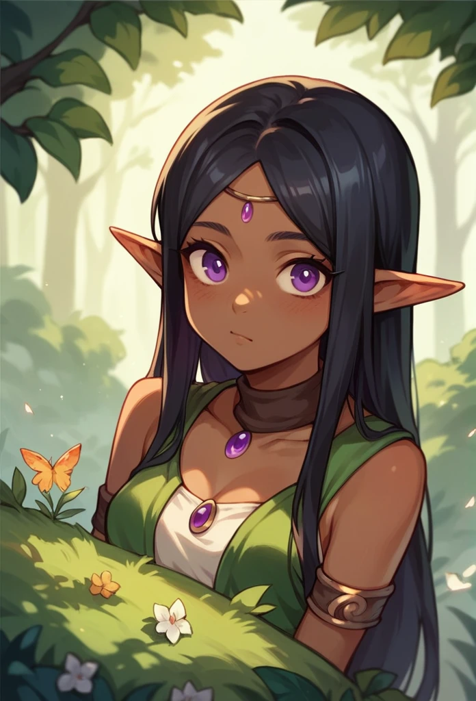 young woman, elf, druid, black hair, purple eyes, dark skin, cute
