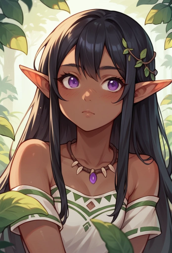 young woman, elf, druid, black hair, purple eyes, dark skin, cute