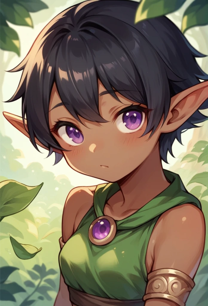 young woman, elf, druid, black hair, purple eyes, dark skin, cute