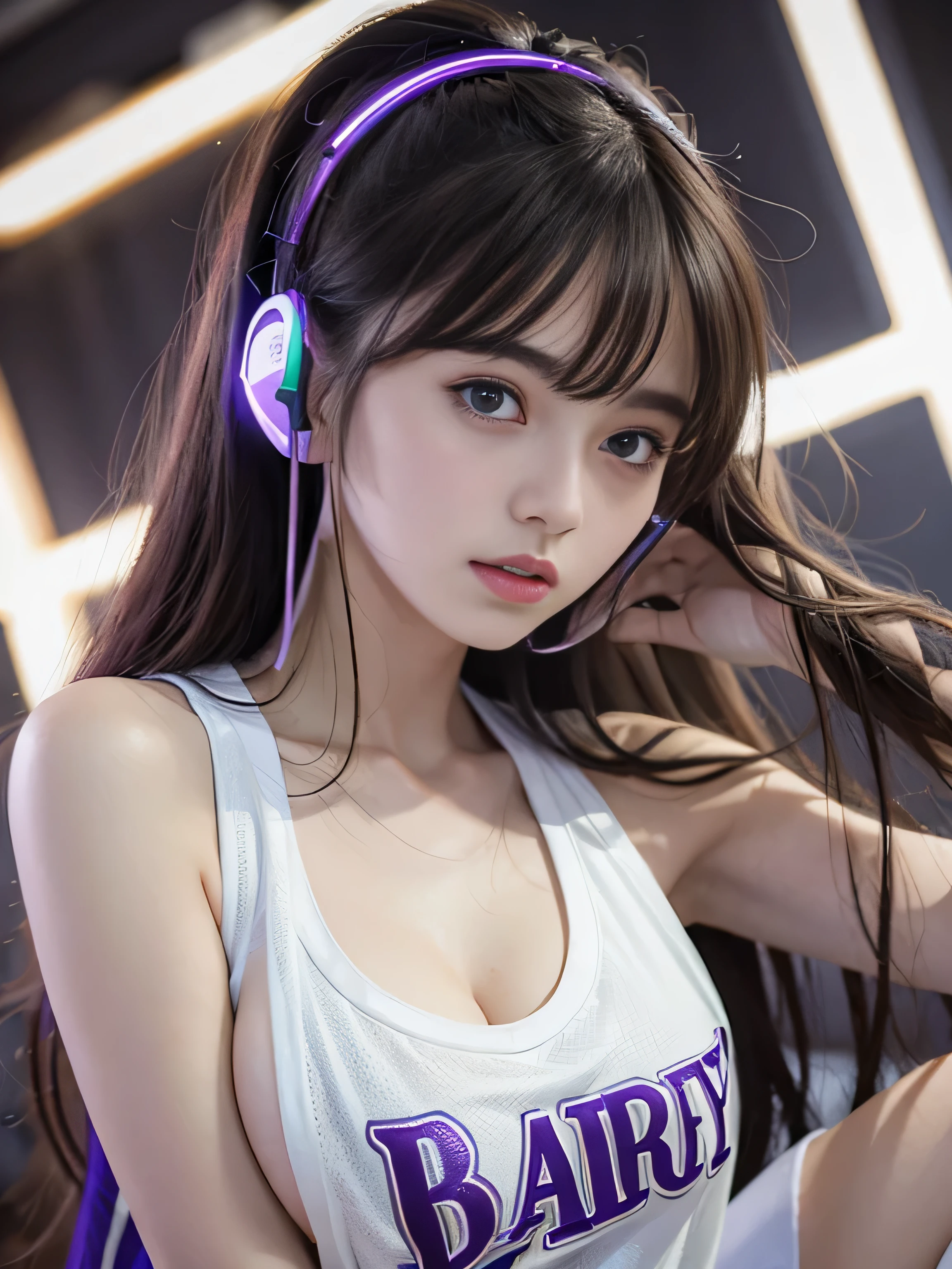 (Raw quality), Highest quality、masterpiece、Ultra-high resolution、(Photorealistic:1.4)、Raw photo、1 Girl、14 years old, Glowing Skin、headset、((Ultra-Realistic Details))、Portrait、Global Illumination、Shadow area、Octane Rendering、8k、Ultra Sharp、((Delicate body type))、Hair ornament of the future、(A thin, white, oversized basketball uniform:1.3)、Cleavage、(sideboob:1.4), ((Medium bust:1.4))、(Sunburned skin:1.4)、Very intricate detail、Realistic Light、Metallic Shine、CGSoation Trends、(Purple eyes:1.4)、(Shining Eyes)、Facing the camera、Neon Details、Sitting、Cyberpunk background、Small LED lamp、(Purple and green lighting from behind)、