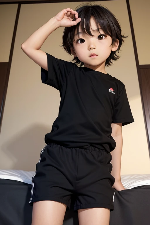 little 6 year old japanese boy with brown hair, whole body, spread your legs apart,  black shorts off, [minecraft clothes], sitting on floor, livingroom, full body, shirt off