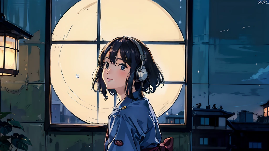 masterpiece, Highest quality, smile Dress shirt Create a scene of a 25-year-old woman looking out the window, Listening to music on headphones, In a quiet and relaxing environment, Short black hair, View from behind, Gazing at the horizon, At night, and through the window you can see fireflies and a beautiful landscape full of stars At night, Characters with lots of detail on their faces, hands and hair,Illustration Style、Showa anime、ukiyo-e、((girl))、Tokyo、Soft Touch、((Modern))、winter、High resolution, samba, latina,Rainy night,Tokyo