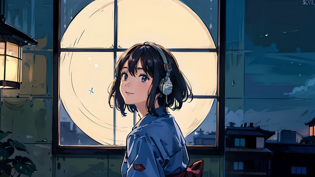 masterpiece, Highest quality, smile Dress shirt Create a scene of a 25-year-old woman looking out the window, Listening to music on headphones, In a quiet and relaxing environment, Short black hair, View from behind, Gazing at the horizon, At night, and through the window you can see fireflies and a beautiful landscape full of stars At night, Characters with lots of detail on their faces, hands and hair,Illustration Style、Showa anime、ukiyo-e、((girl))、Tokyo、Soft Touch、((Modern))、winter、High resolution, samba, latina,Rainy night,Tokyo