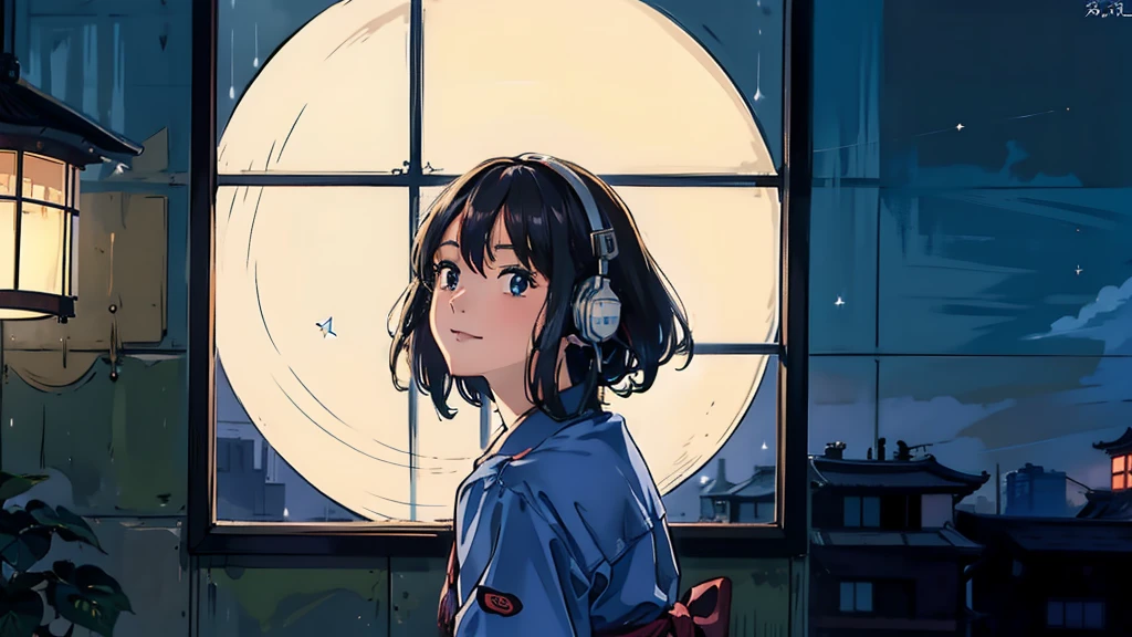 masterpiece, Highest quality, smile　Dress shirt　Create a scene of a 25-year-old woman looking out the window, Listening to music on headphones, In a quiet and relaxing environment, Short black hair, View from behind, Gazing at the horizon, At night, and through the window you can see fireflies and a beautiful landscape full of stars At night, Characters with lots of detail on their faces, hands and hair,Illustration Style、Showa anime、ukiyo-e、((girl))、Tokyo、Soft Touch、((Modern))、winter、High resolution, samba, latina,Rainy night,Tokyo
