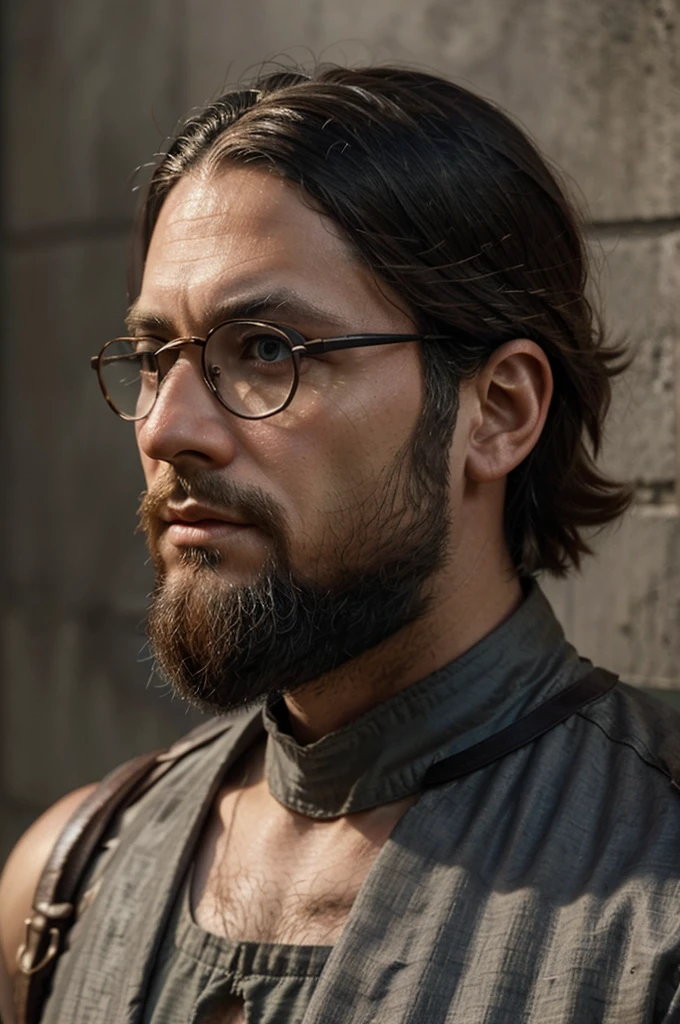 create for me an ultra-realistic 4k photo of Leonardo da Vinci, burnt cement background, with tied hair, gradient haircut, tidy beard, looking slightly to the side, with glasses, profile photo, full of details that evoke realism